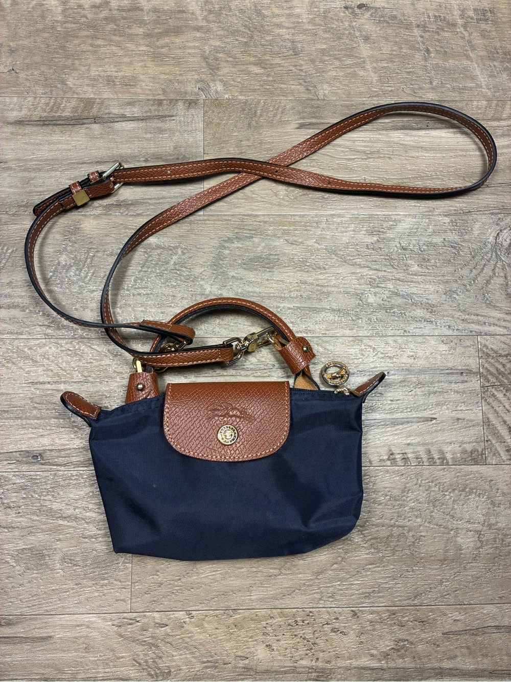 Longchamp Le Pliage Mini Crossbody Tote Bag Purse Navy Blue Brown